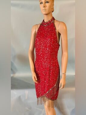 Vintage 90’s Red Sequined and Fringed Halter Dress